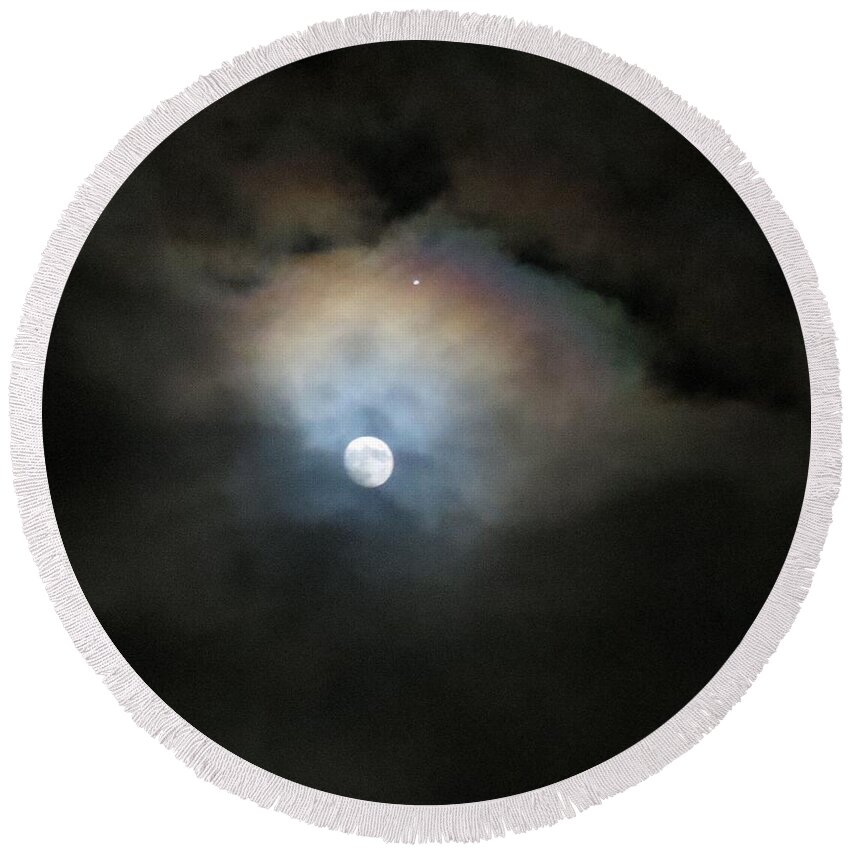 Moonlit Clouds Round Beach Towel featuring the photograph Winter Moon with Venus by Helen Campbell