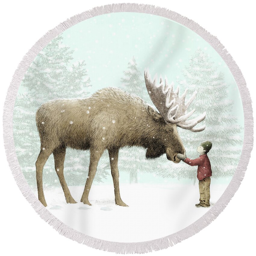 Moose Round Beach Towel featuring the drawing Winter Moose by Eric Fan