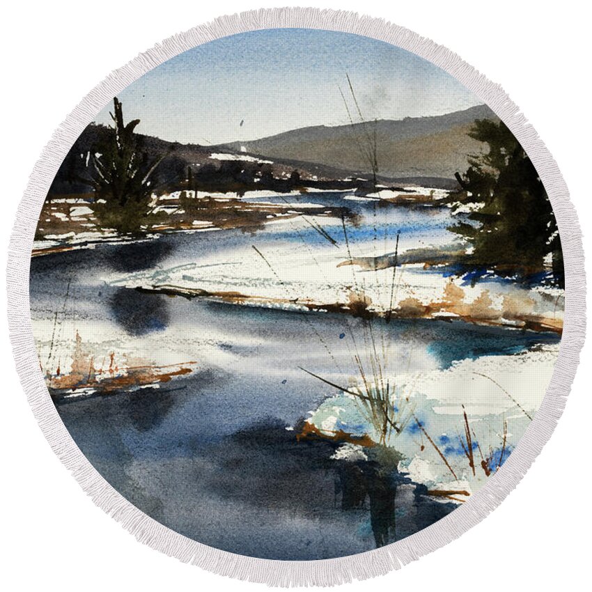 This Is One Of My Favorite Spots In Old Forge Ny. It's The View From Green Bridge Of The Moose River. I've Painted It In Every Season. This Is Actually April Round Beach Towel featuring the painting Winter Moose by Judith Levins