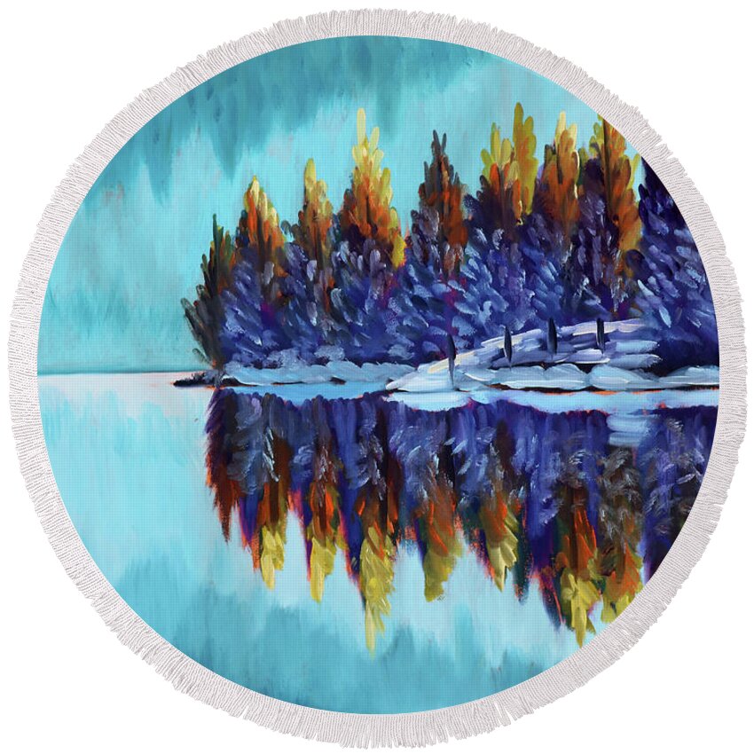 Winter Round Beach Towel featuring the painting Winter - Mountain Lake by Kevin Hughes