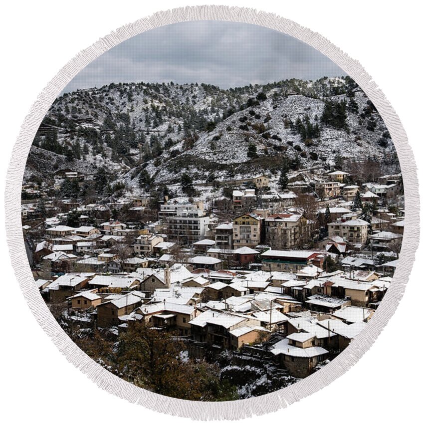 Winter Round Beach Towel featuring the photograph Winter mountain village landscape with snow by Michalakis Ppalis