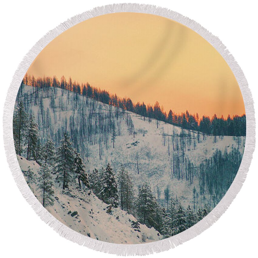 Mountain Round Beach Towel featuring the photograph Winter Mountainscape by Troy Stapek