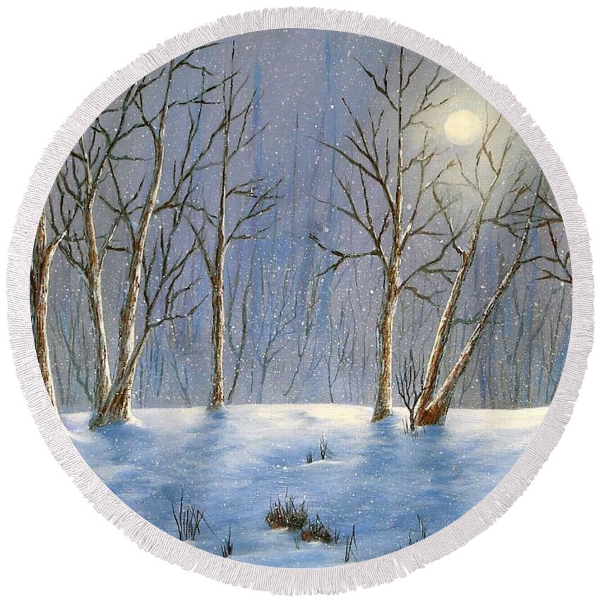 Landscape Round Beach Towel featuring the painting Winter Night by Jerry Walker