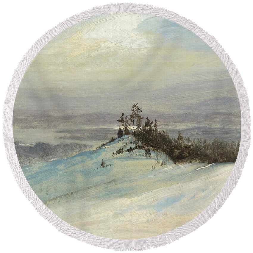 Frederic Edwin Church Round Beach Towel featuring the painting Winter on the Hudson River near Catskill. New York by Frederic Edwin Church