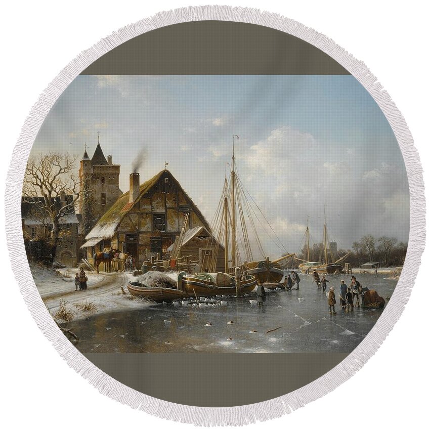 Johannes Duntze Dutch Round Beach Towel featuring the painting Winter On The Rhine by MotionAge Designs