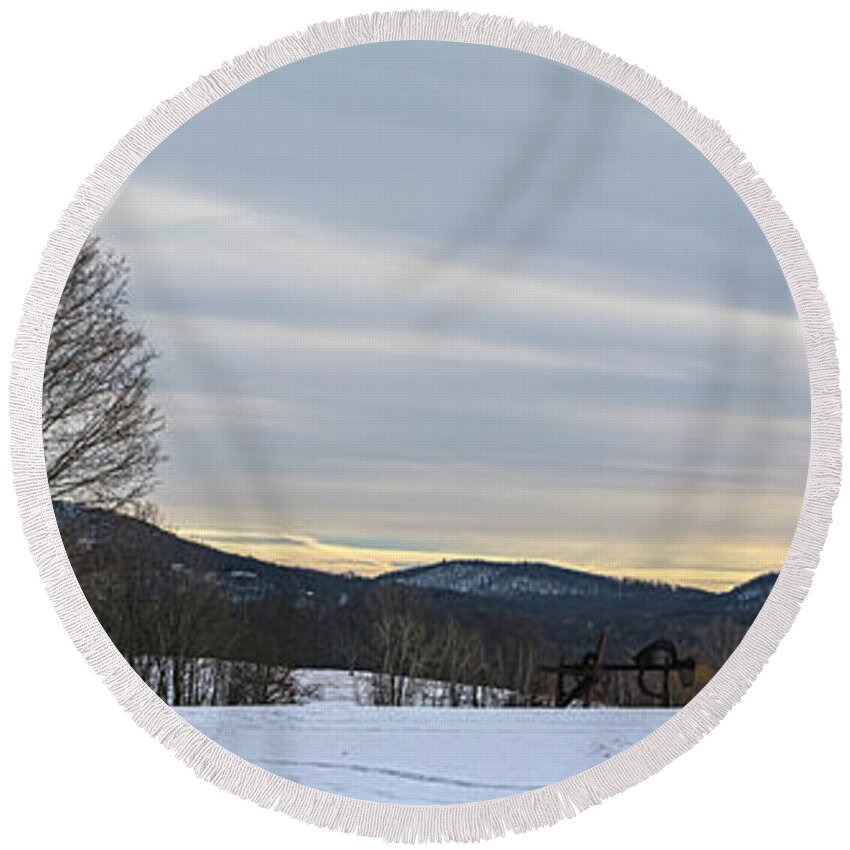 Sculpture Round Beach Towel featuring the photograph Winter Panorama Of Storm King Art Center by Angelo Marcialis