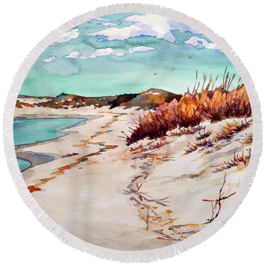 #water #beach #sawgrass #winter #capehenlopen #delawarebeaches #delawarestateparks #landscape Round Beach Towel featuring the painting Winter Sands by Mick Williams