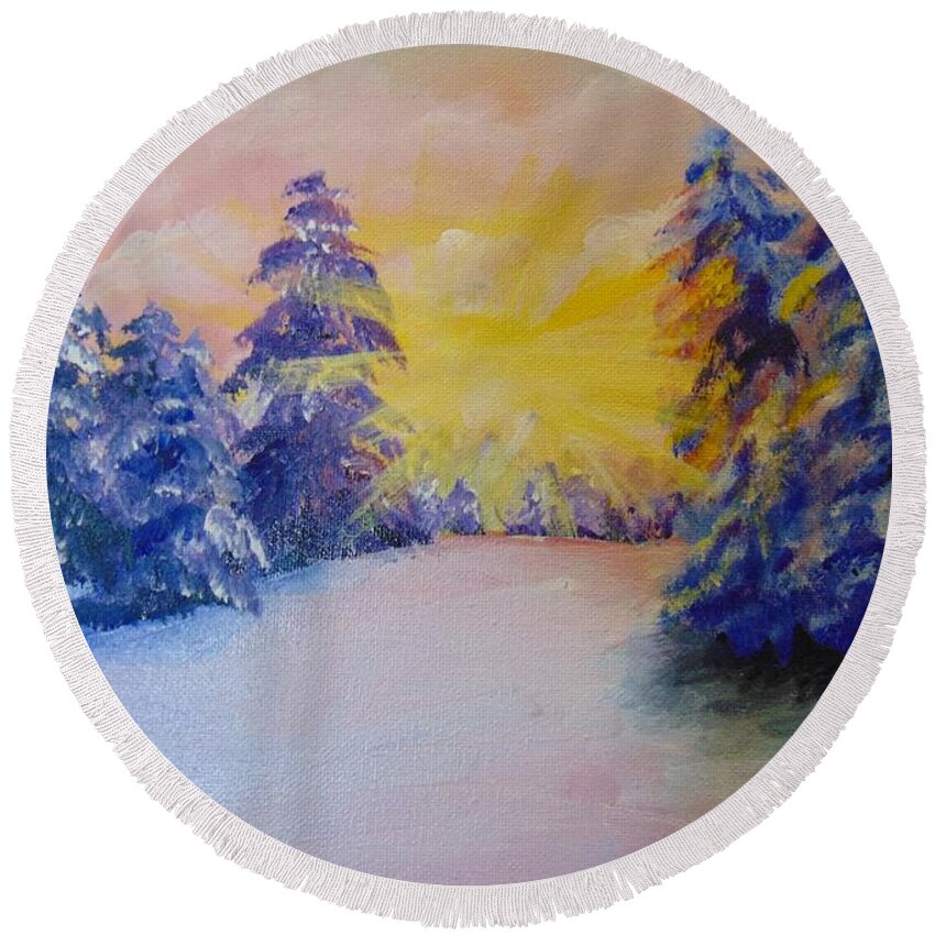 Winter Round Beach Towel featuring the painting Winter by Saundra Johnson