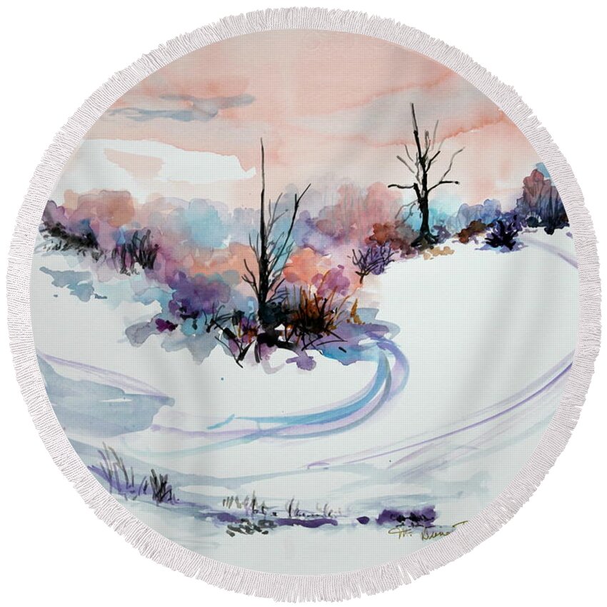 Fantasy Round Beach Towel featuring the painting Winter Scene 2 by M Diane Bonaparte