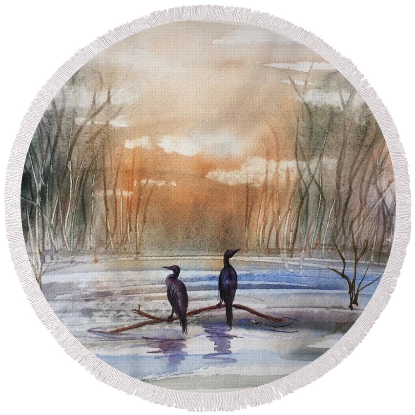 Birds Round Beach Towel featuring the painting Winter sereniny by Katerina Kovatcheva