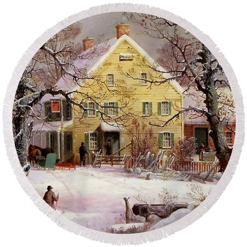 Winter Round Beach Towel featuring the painting Winter Snow Scene by Currier and Ives