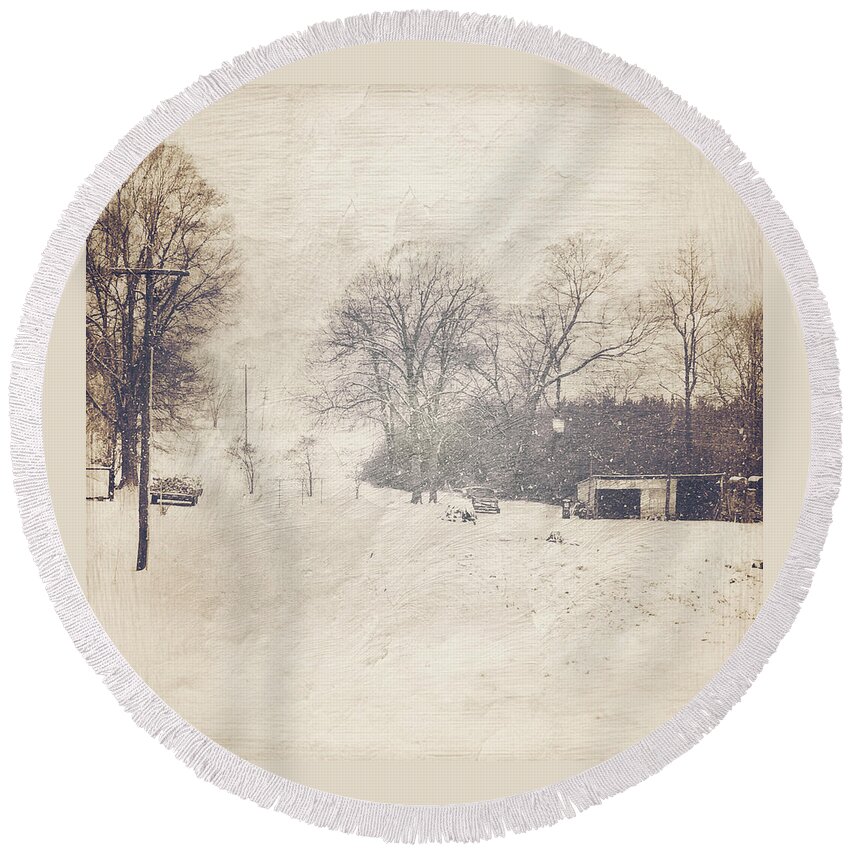 Photography Round Beach Towel featuring the photograph Winter Snow Storm At The Farm by Melissa D Johnston
