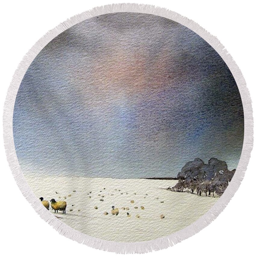 Landscape Round Beach Towel featuring the painting Winter Snow Swaledale by Paul Dene Marlor