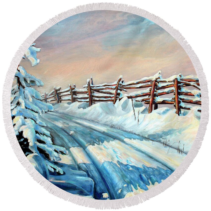 Winter Landscape Art Round Beach Towel featuring the painting Winter Snow Tracks by Hanne Lore Koehler