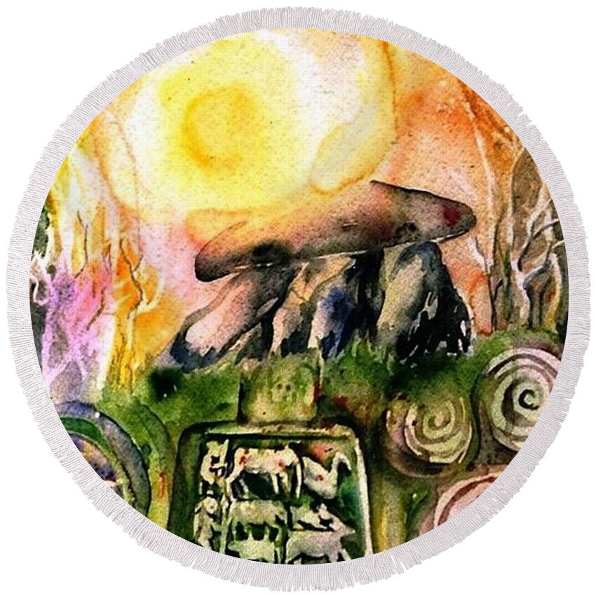 Dolmen Round Beach Towel featuring the painting Winter Solstice , Ancient Stones of Ireland  by Trudi Doyle