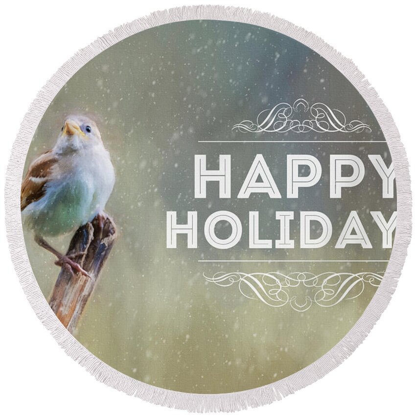 Winter Round Beach Towel featuring the photograph Winter Sparrow Holiday Card by Cathy Kovarik