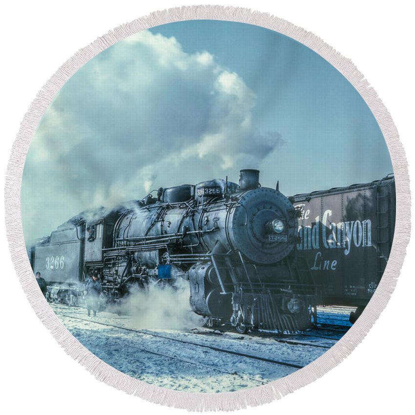 Train Round Beach Towel featuring the photograph Winter Steam Train by Randy Steele