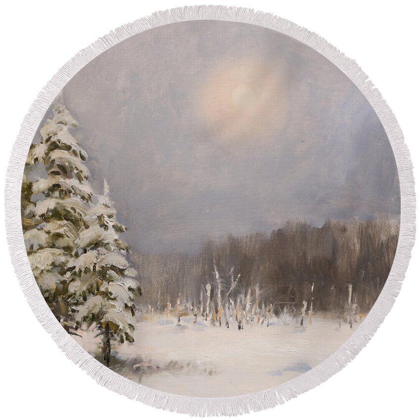 Winter Round Beach Towel featuring the painting Winter Stillness by Valentina Kondrashova
