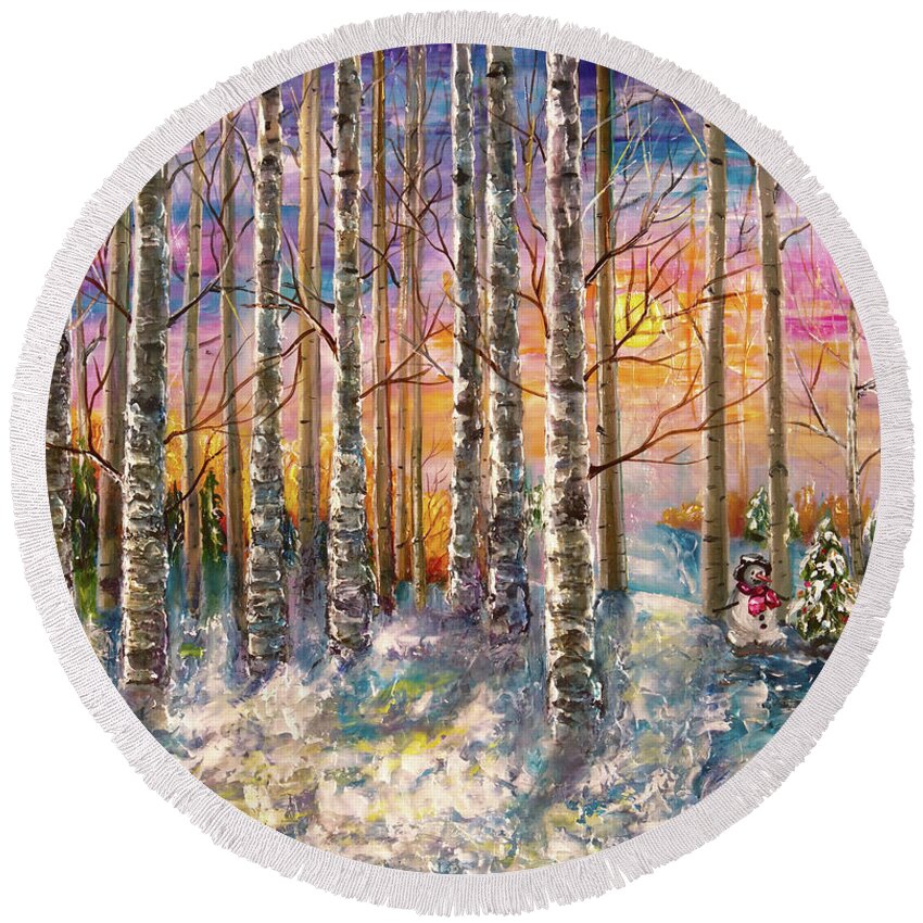 Impressionism Round Beach Towel featuring the digital art Dylan's Snowman - Winter Sunset Landscape Impressionistic Painting with palette knife by Lena Owens - OLena Art Vibrant Palette Knife and Graphic Design