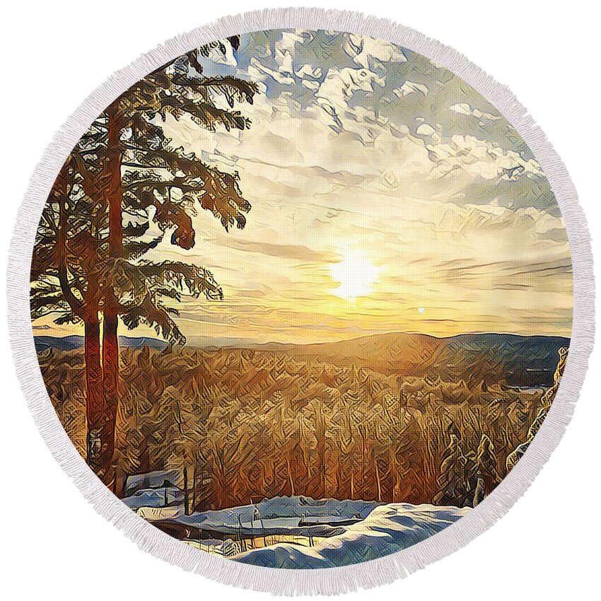 Winter Round Beach Towel featuring the photograph Winter Sunset over the Mountains by Xine Segalas