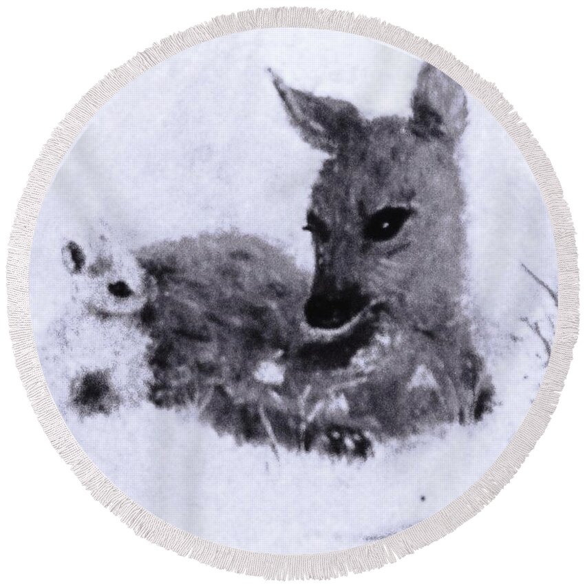 Baby Deer Round Beach Towel featuring the painting Winter Surprise by Hazel Holland