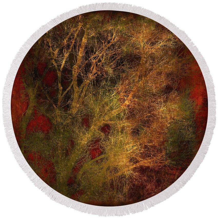 Winter Tree Round Beach Towel featuring the digital art Winter Trees in Gold and Red by Sheryl Karas