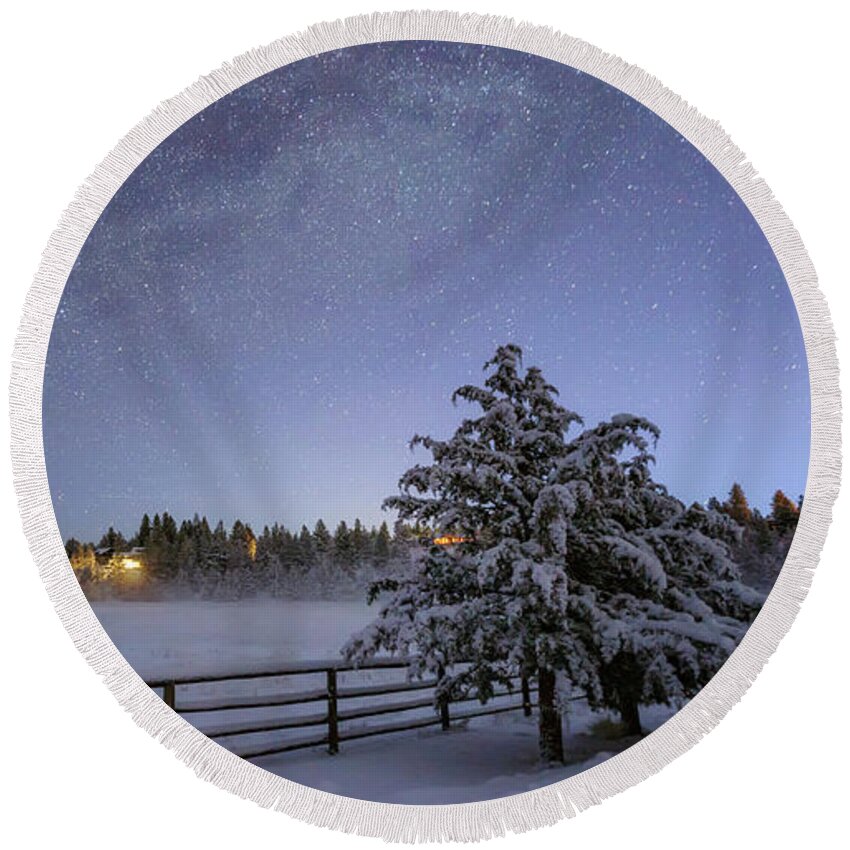 Snow Round Beach Towel featuring the photograph Winter Twilight by Cat Connor