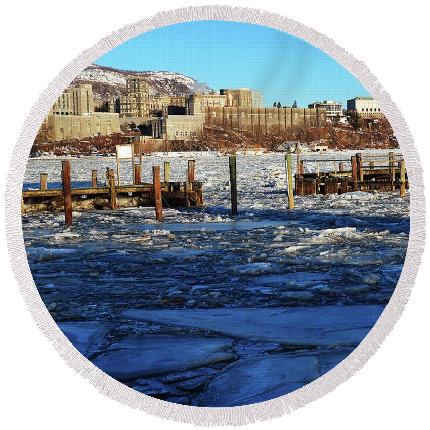 Garrison Round Beach Towel featuring the photograph Winter West Point by James Kirkikis