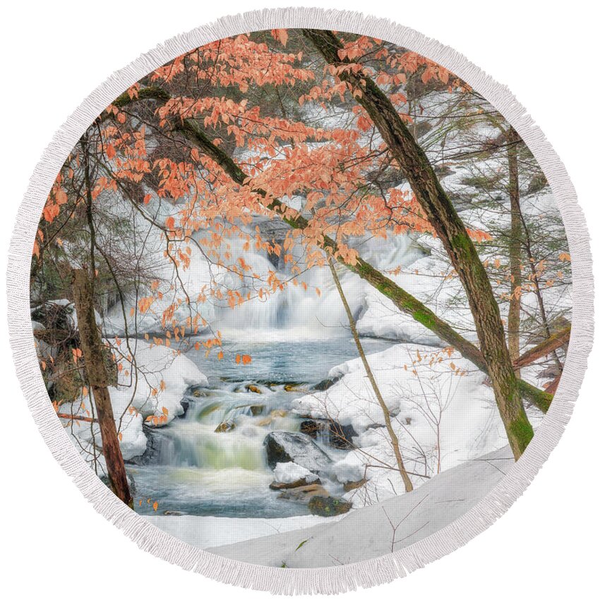 Waterfall Round Beach Towel featuring the photograph Winter Woodland Stream by Bill Wakeley