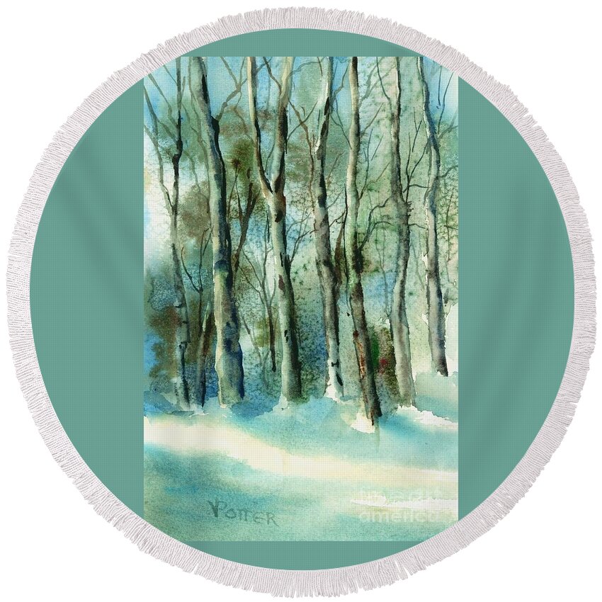 Landscape Round Beach Towel featuring the painting Winter Woods by Virginia Potter
