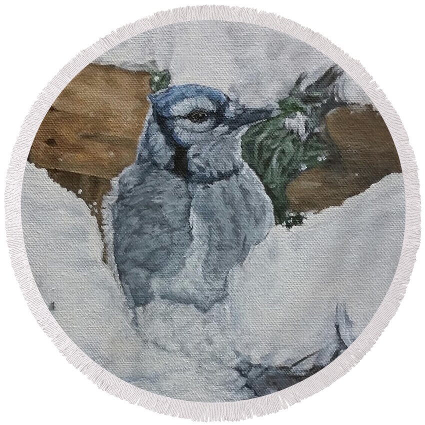 Blue Jay Round Beach Towel featuring the painting Winters Greeting by Wendy Shoults