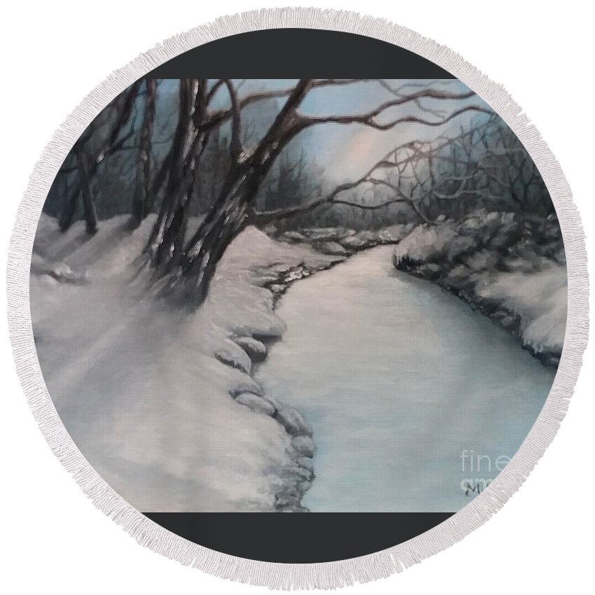 Winter Round Beach Towel featuring the painting Winters Grip by Peggy Miller