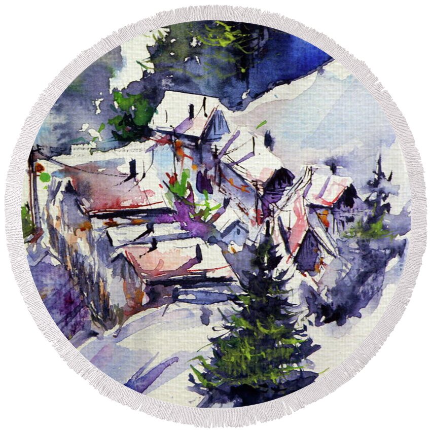 November Round Beach Towel featuring the painting Wintertime village cd by Kovacs Anna Brigitta
