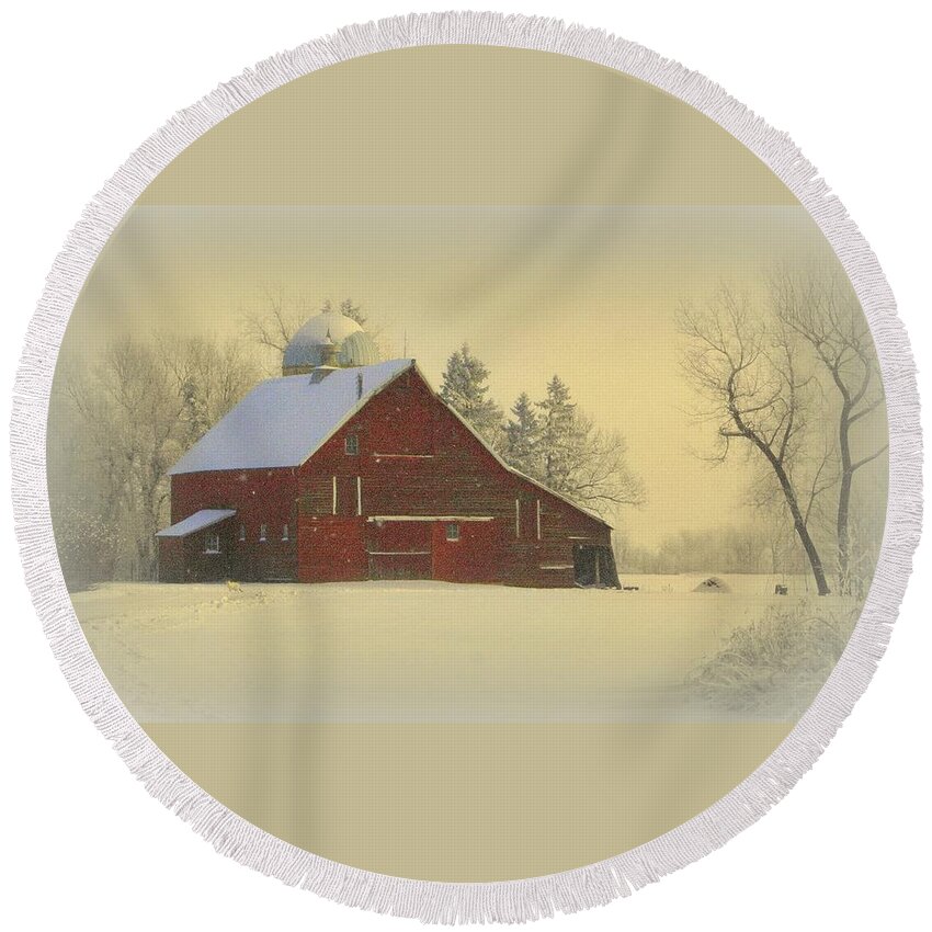 Barn Round Beach Towel featuring the photograph Wintery Barn by Julie Lueders 