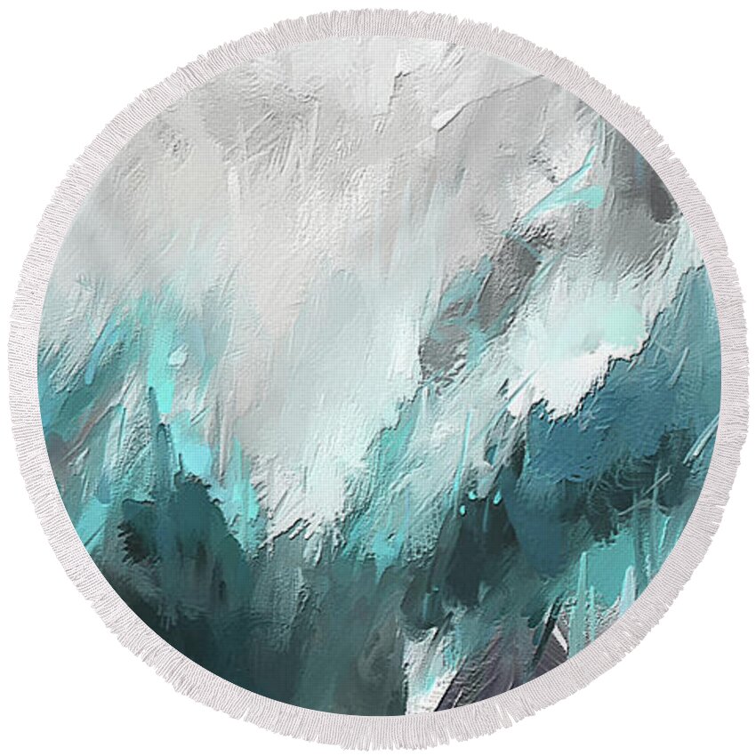 Ight Blue Round Beach Towel featuring the painting Wintery Mountain- Turquoise and Gray modern Artwork by Lourry Legarde