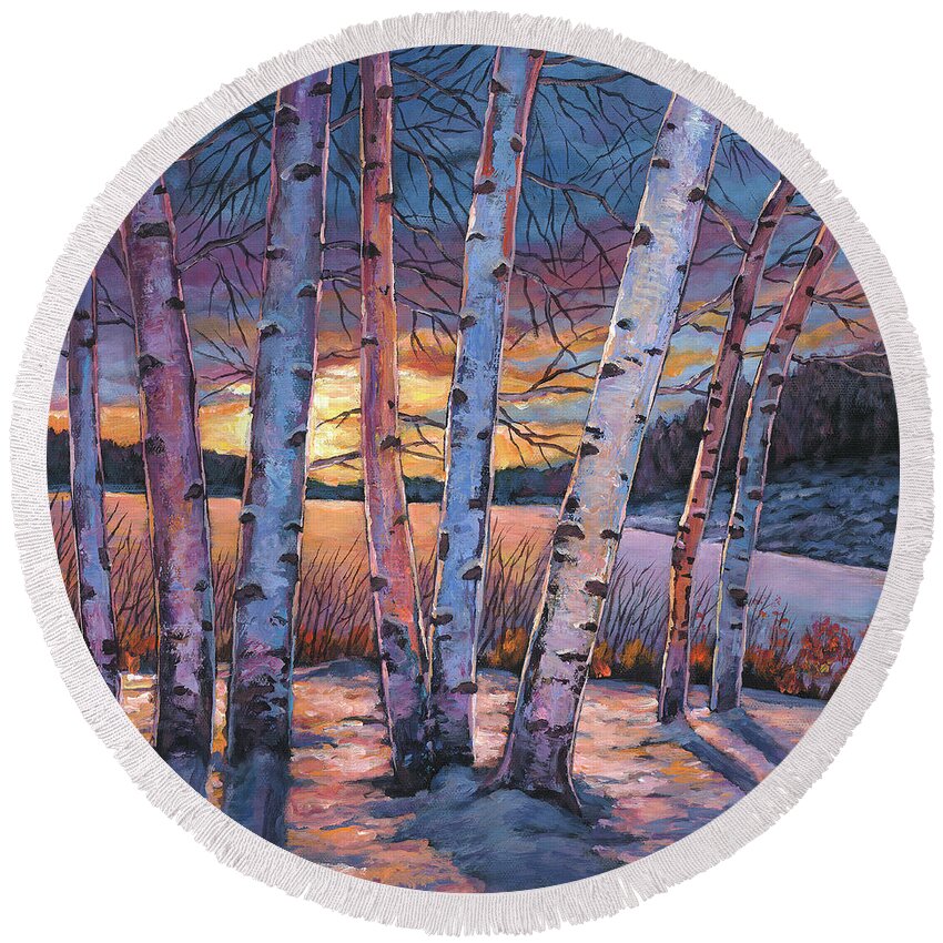 Winter Aspen Round Beach Towel featuring the painting Wish You Were Here by Johnathan Harris