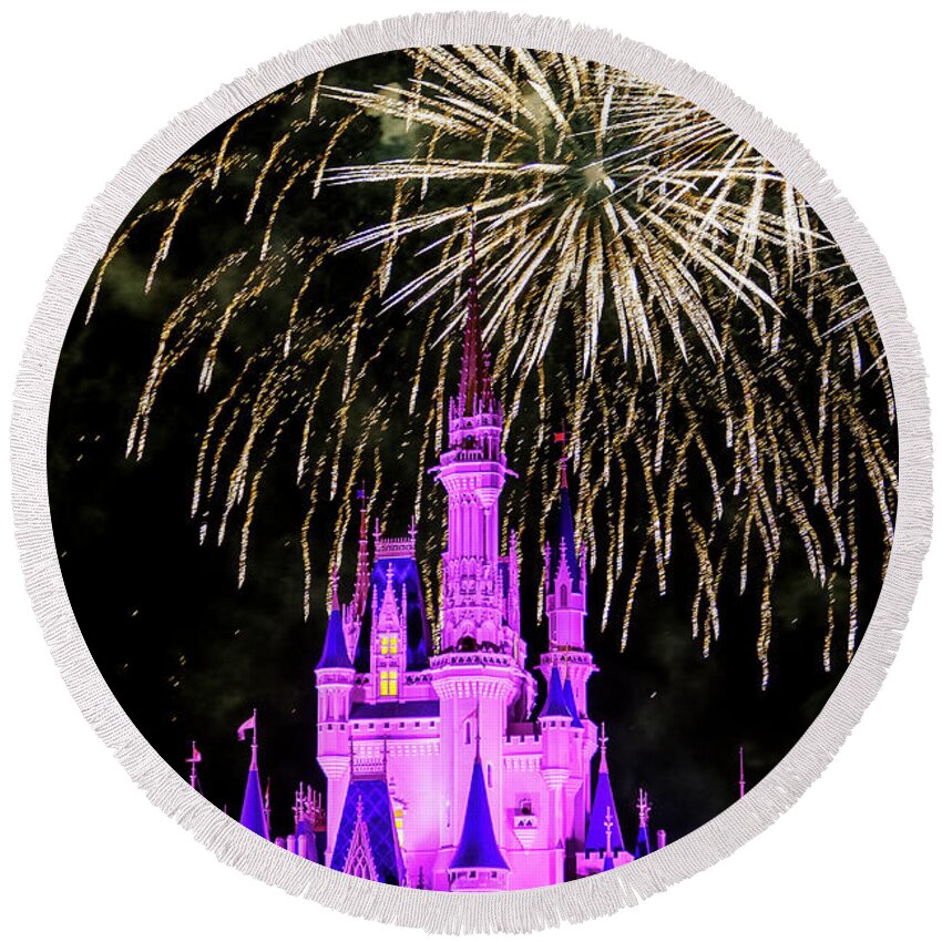 Disney Round Beach Towel featuring the photograph Wishes fireworks Disney world by Andy Myatt