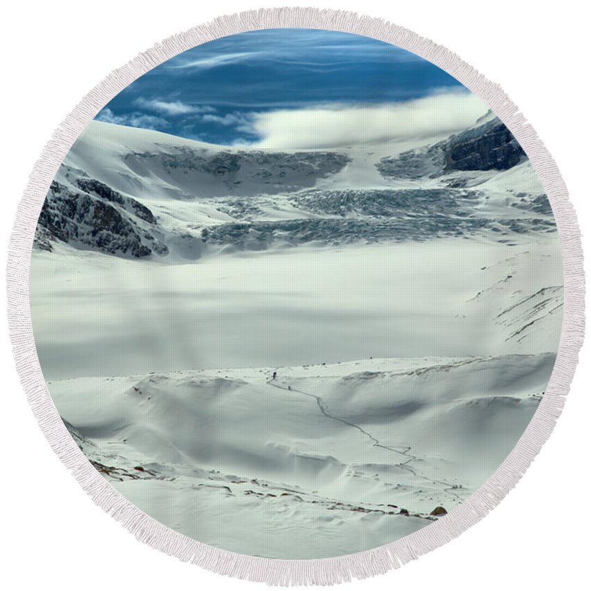 Columbia Icefield Round Beach Towel featuring the photograph Wispy Clouds Over The Athabasca Glacier by Adam Jewell