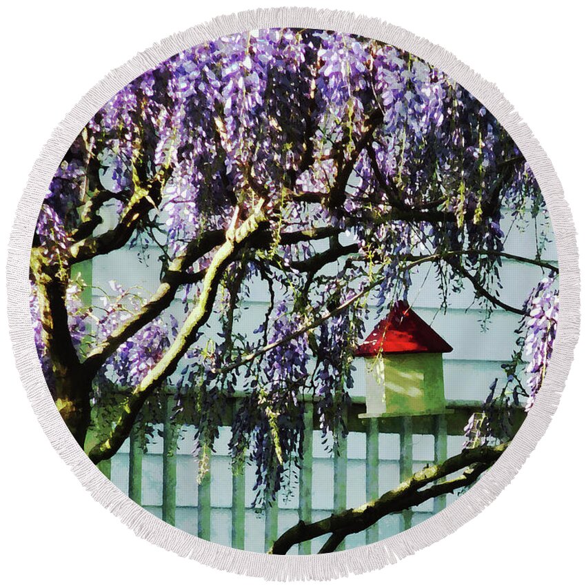 Spring Round Beach Towel featuring the photograph Wisteria and Birdhouse by Susan Savad