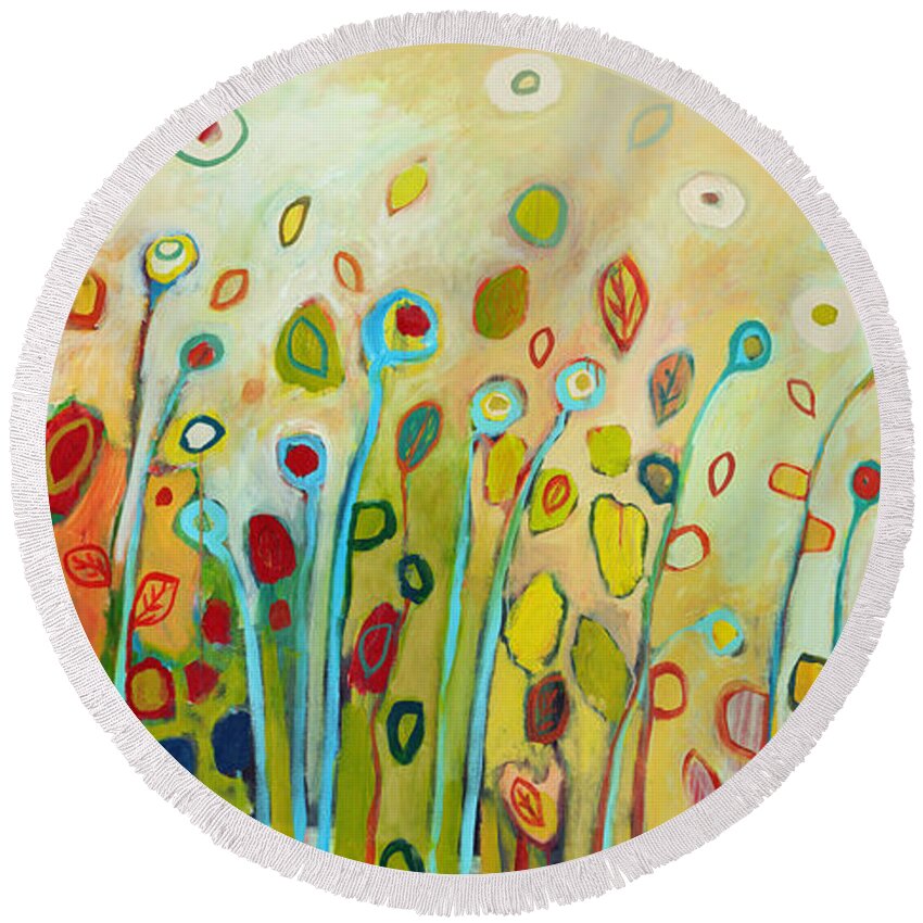 Floral Abstract Modern Green Lime Brown Nature Circle Leaf Plant Large Jenlo Jennifer Lommers Painting Round Beach Towel featuring the painting Within by Jennifer Lommers