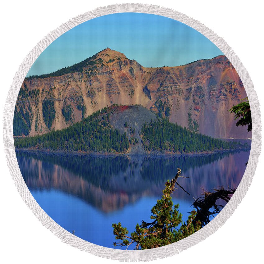 Wizard Island Round Beach Towel featuring the photograph Wizard Island Reflections by Greg Norrell