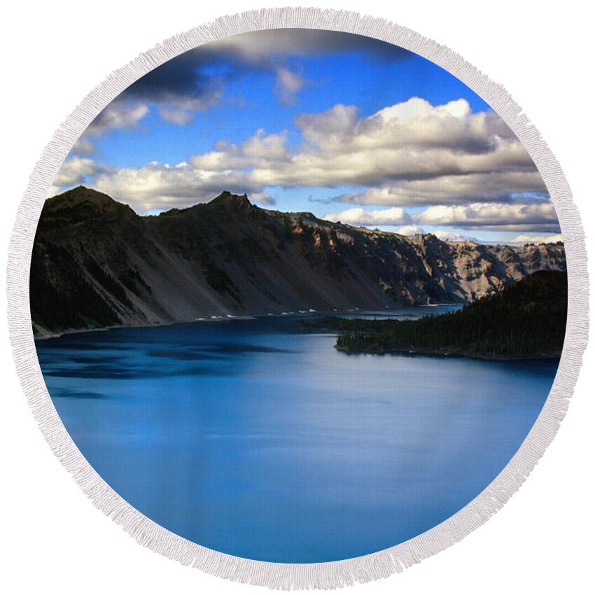 Rick Bures Round Beach Towel featuring the photograph Wizard Island Stormy Sky- Crater Lake by Rick Bures