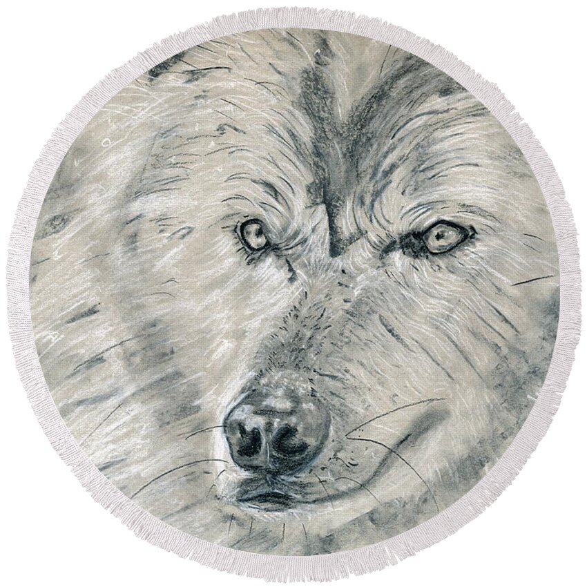 Charcoal Round Beach Towel featuring the drawing Wolf in Charcoal by Lidija Ivanek - SiLa
