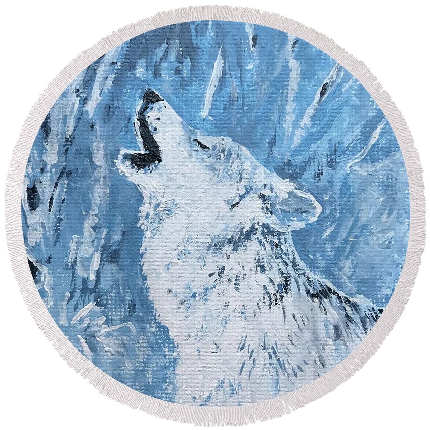 Wolf Round Beach Towel featuring the painting Wolf of the Tetons by ML McCormick