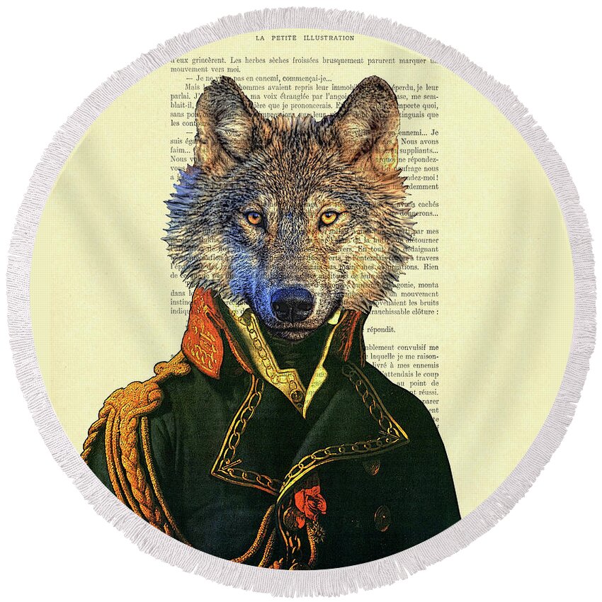 Wolf Round Beach Towel featuring the digital art Wolf portrait illustration by Madame Memento