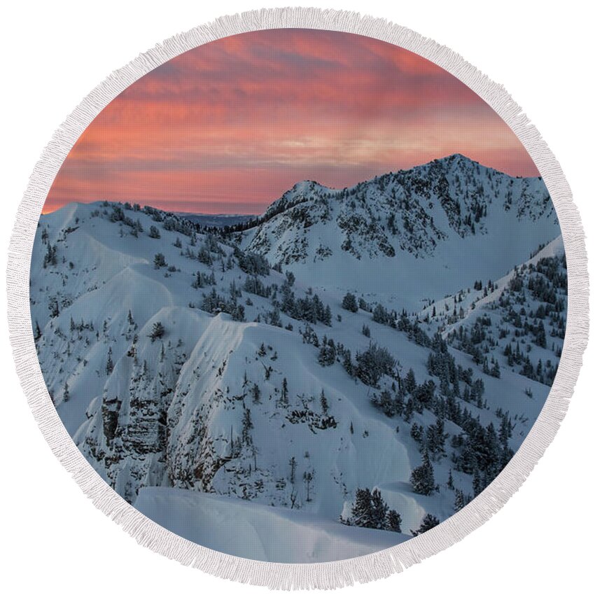 Utah Round Beach Towel featuring the photograph Wolverine Cirque Sunrise - Little and Big Cottonwood Canyons by Brett Pelletier