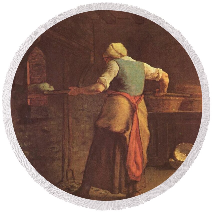 Woman Baking Bread - Jean-francois Millet Round Beach Towel featuring the painting Woman baking bread by MotionAge Designs