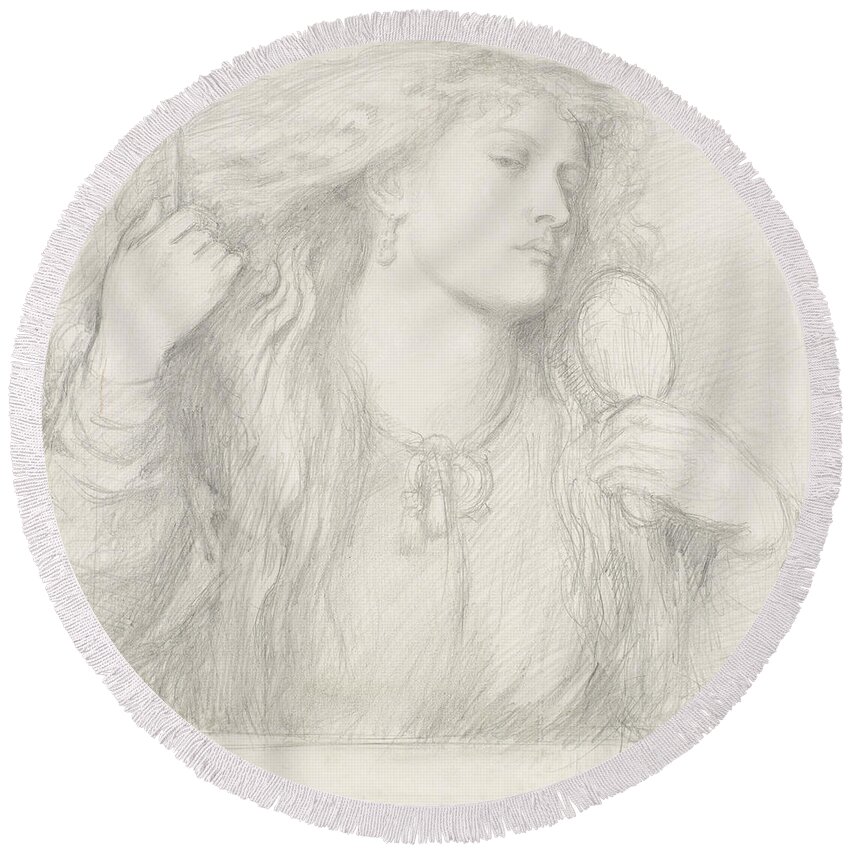 Dante Gabriel Rossetti Round Beach Towel featuring the drawing Woman Combing Her Hair, Fanny Cornforth by Dante Gabriel Rossetti