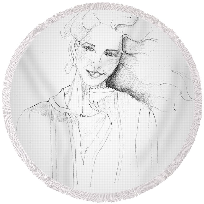Female Round Beach Towel featuring the drawing Woman by Denise F Fulmer