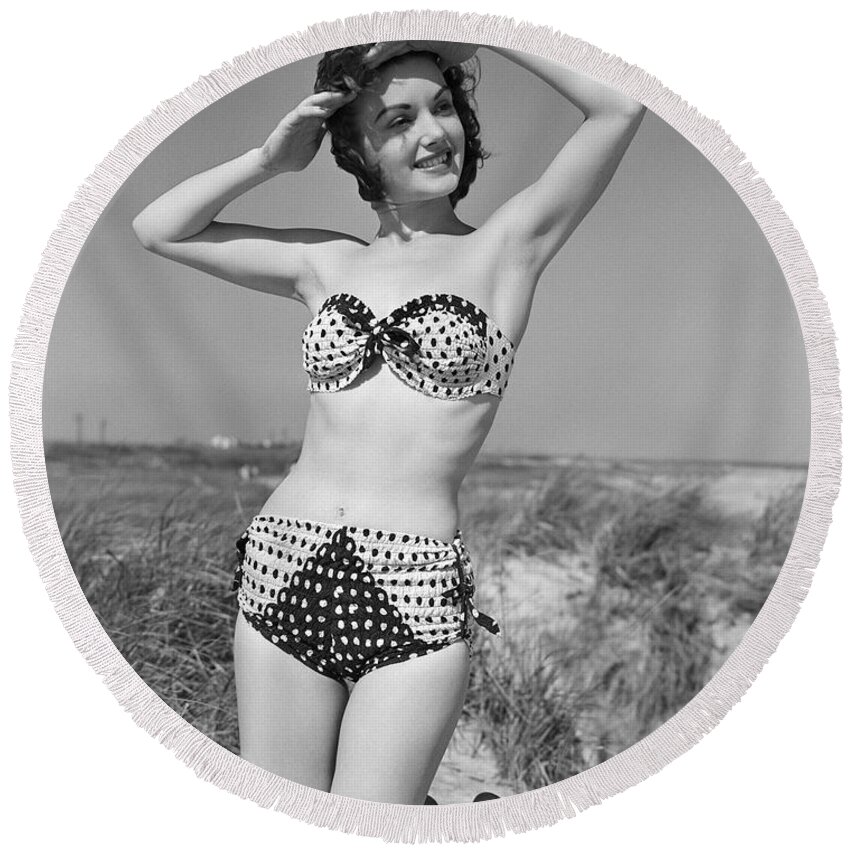 1950s Round Beach Towel featuring the photograph Woman In Bikini, C.1950s by H. Armstrong Roberts/ClassicStock
